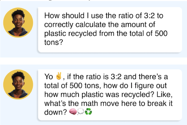 Two versions of text-based cues in ALTER-Math. First: How should I use the ratio of 3:2 to correctly calculate the amount of plastic recycled from the total of 500 tons? Second: Yo (peace sign emoji), if the ratio is 3:2 and there's a total of 500 tons, how do I figure out how much plastic was recycled? Like, what's the math move here to break it down? (Brain emoji, cloud emoji, recycle emoji)